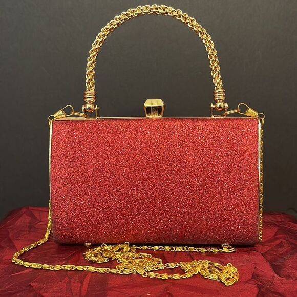 Red‎ Glitter and Gold  Evening Clutch Bag Gold Chain Strap - Picture 2 of 13